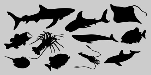 set of collections of black and white silhouettes of sea animals fish, sea life - obrazy, fototapety, plakaty