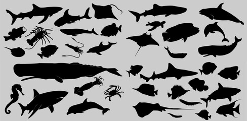 set of collections of black and white silhouettes of sea animals fish, sea life - obrazy, fototapety, plakaty