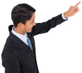 Digital png photo of happy biracial businessman pointing on transparent background