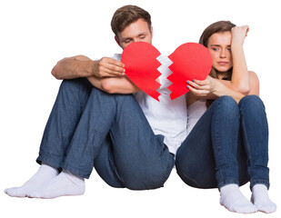 Digital png photo of caucasian couple sitting with broken heart on transparent background