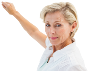 Digital png photo of caucasian businesswoman pointing on transparent background