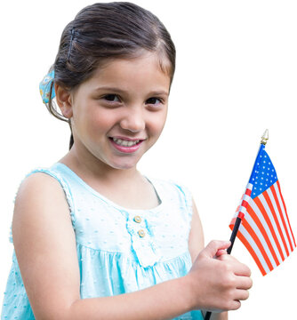 Digital png photo of caucasian girl with flag of united states on transparent background