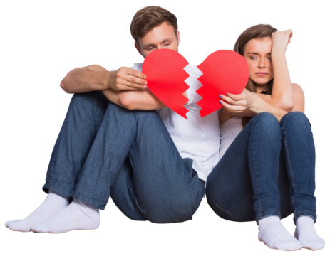 Digital png photo of caucasian couple sitting with broken heart on transparent background - Powered by Adobe