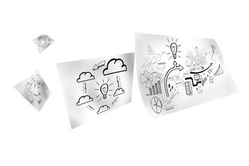 Digital png illustration of paper sheets with bulb and cloud symbols on transparent background