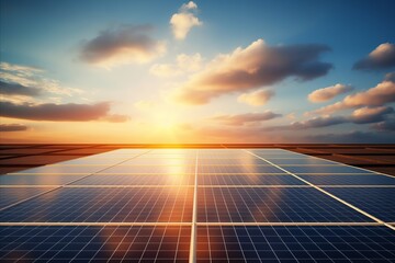 Solar panel cell on dramatic sunrise sky background - obrazy, fototapety, plakaty