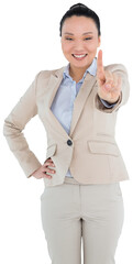 Digital png photo of happy asian businesswoman pointing on transparent background