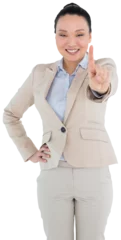 Papier Peint photo Lavable Lieux asiatiques Digital png photo of happy asian businesswoman pointing on transparent background