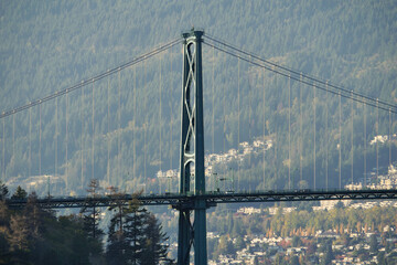 Beautiful view of the Lions Gate Bridge connecting the North Shore with Downtown Vancouver as seen from Stanley Park during a fall season in Vancouver, British Columbia, Canada