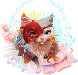 Naklejka premium Cat head masquerade pirate mask on floral wreath