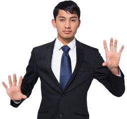 Digital png photo of biracial businessman pointing on transparent background