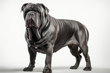Neapolitan Mastiff dog standing on a white background. Animal left-side portrait.
