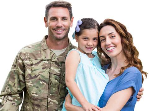 Digital png photo of caucasian male soldier with family on transparent background