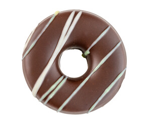 Dark chocolate round candy with white lines and hole in middle, isolated
