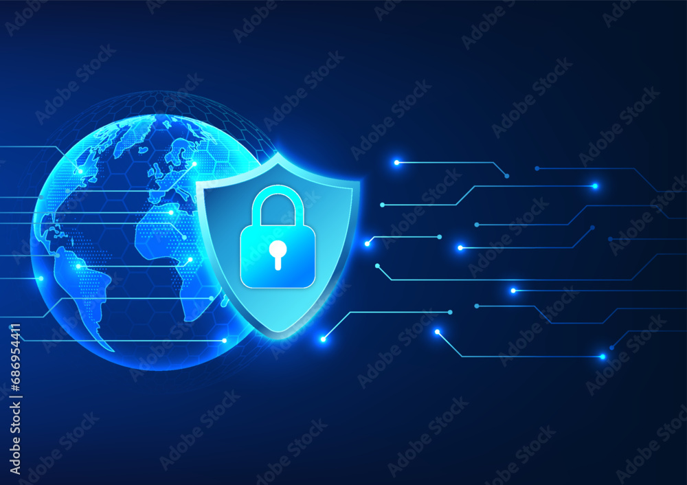 Poster cybersecurity and data privacy technology. the inner shield has a lock. on the back is a globe with 