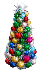Decorative tabletop Christmas tree made out of glass ornament balls and tinsel garland, red, green,...