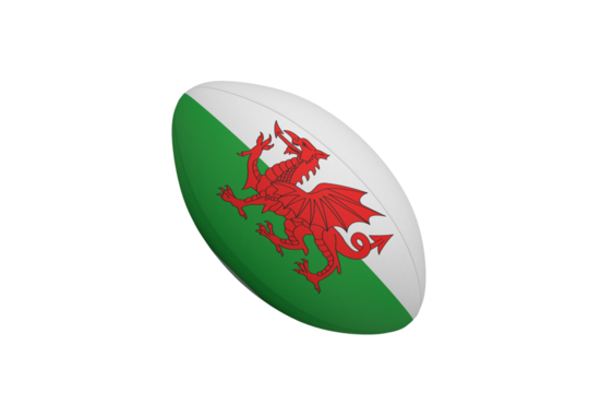 Digital png illustration of rugby ball with flag of wales on transparent background