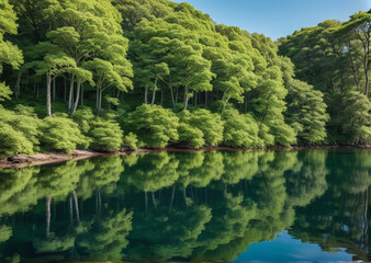Obraz premium Wide shot of water reflecting the green-leafed trees on the shore under a blue sky