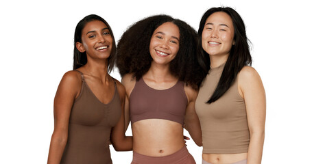 Cosmetic, diversity or smile of women for portrait, inclusion hug or relax wellness with...