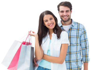 Digital png photo of caucasian couple holding shopping bags on transparent background