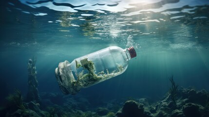 bottle inside water, pollution, trash