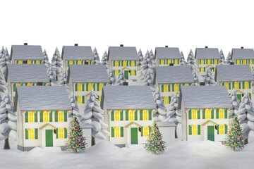 Obraz premium Digital png illustration of cottages with christmas lights in snow on transparent background