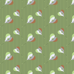 Digital png illustration of green and brown pattern of repeated hearts on transparent background