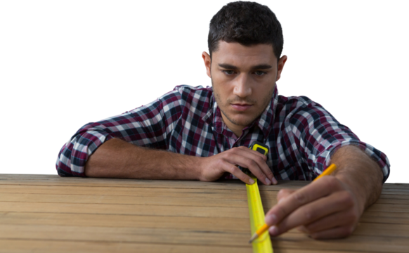 Digital png photo of biracial worker with measure tape and pencil on transparent background - Powered by Adobe