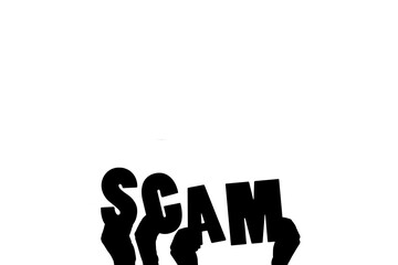 Digital png illustration of hands with scam text on transparent background