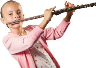 Digital png photo of caucasian girl playing on flute on transparent background