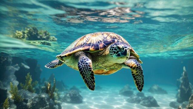 "Graceful Green Sea Turtle: Photorealistic 3D Render