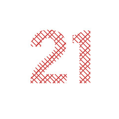 Digital png illustration of red 21 number with pattern text on transparent background
