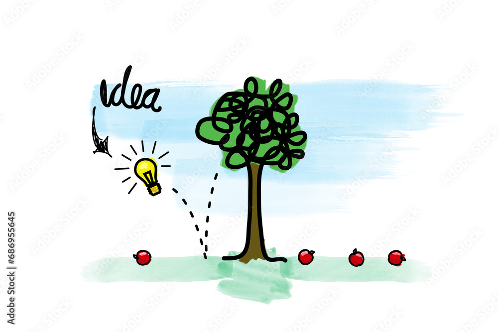 Poster digital png illustration of tree and bulb with idea text on transparent background