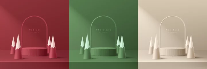 Foto auf Alu-Dibond Set of 3D christmas podium background in red, cream, green with arch frame and christmas tree cone shape. Mockup product display. Mery christmas and new year minimal scene. Abstract composition design © Riseness