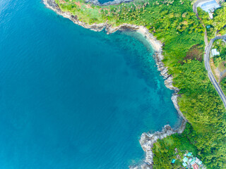 Aerial view seashore with mountains at Phuket Thailand, Beautiful seacoast view at open sea in...