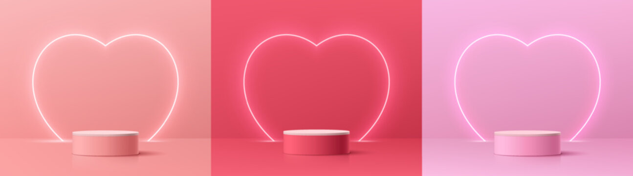 Set of 3D podium valentine day background with pink, red, white cylinder pedestal. Glow neon heart shape backdrop. Vector geometric platform. Mockup product display. Minimal wall scene. Stage showcase