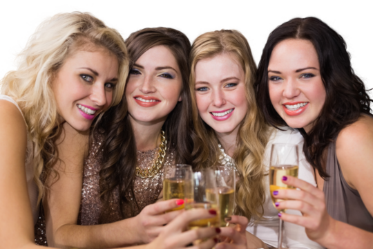 Digital png photo of caucasian female colleagues with champagne on transparent background - Powered by Adobe