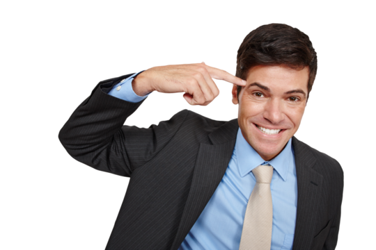 Businessman, portrait and pointing head with happy for ideas isolated on png transparent background. Entrepreneur, person or face with thoughtful, pensive and question with smile and planning at work - Powered by Adobe