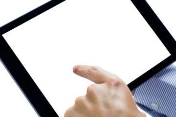 Digital png photo of hands of caucasian businessman using tablet on transparent background