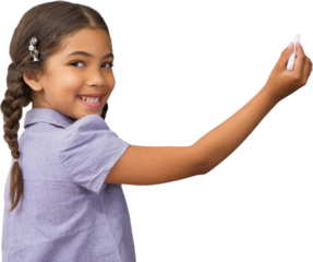 Digital png photo of biracial schoolgirl writing using chalk on transparent background