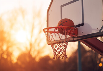 Basketball Hoop And Ball On Basketball Court At Sunset Sport Background