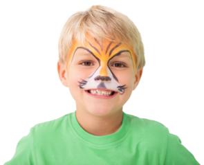 Digital png photo of happy caucasian boy with tiger painting on face on transparent background