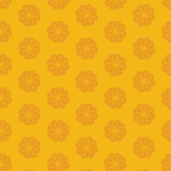 Digital png illustration of yellow pattern of repeated floral shapes on transparent background