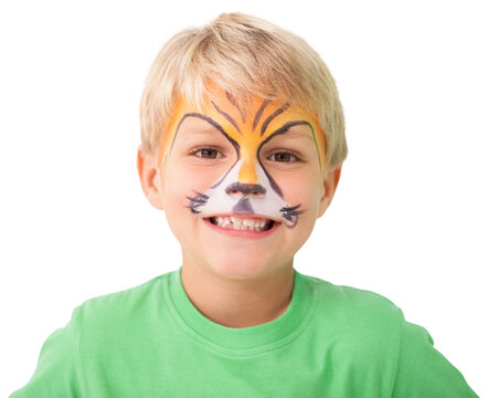 Digital png photo of happy caucasian boy with tiger painting on face on transparent background