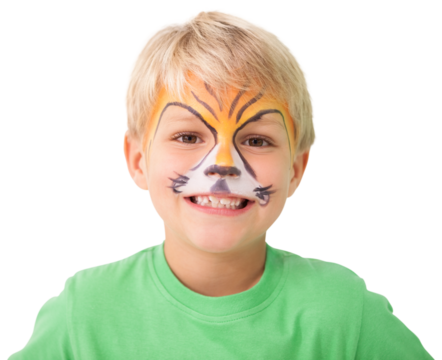 Digital png photo of happy caucasian boy with tiger painting on face on transparent background