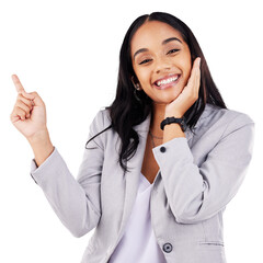 Advertising, woman portrait and pointing up for marketing, promotion and direction or sales...