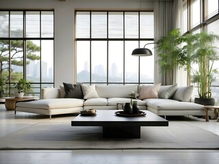 Modern aesthetic minimalist living room design, grey white black, architectural background
