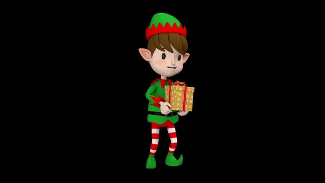 Christmas elf with gift box - 3d render looped with alpha channel. 