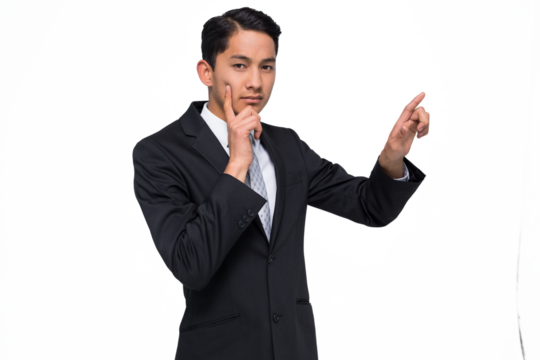 Digital png photo of biracial businessman pointing on transparent background