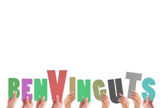 Digital png illustration of hands with benvinguts text on transparent background