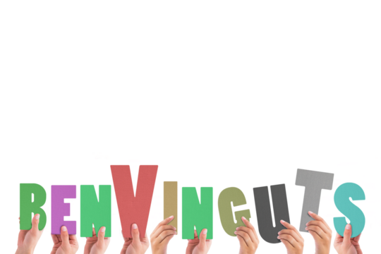 Digital png illustration of hands with benvinguts text on transparent background